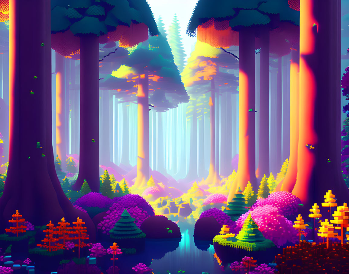 Neon-colored mystical forest with tranquil river