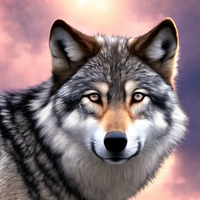 Detailed digital painting: Wolf's face with piercing eyes on cloudy purple sky
