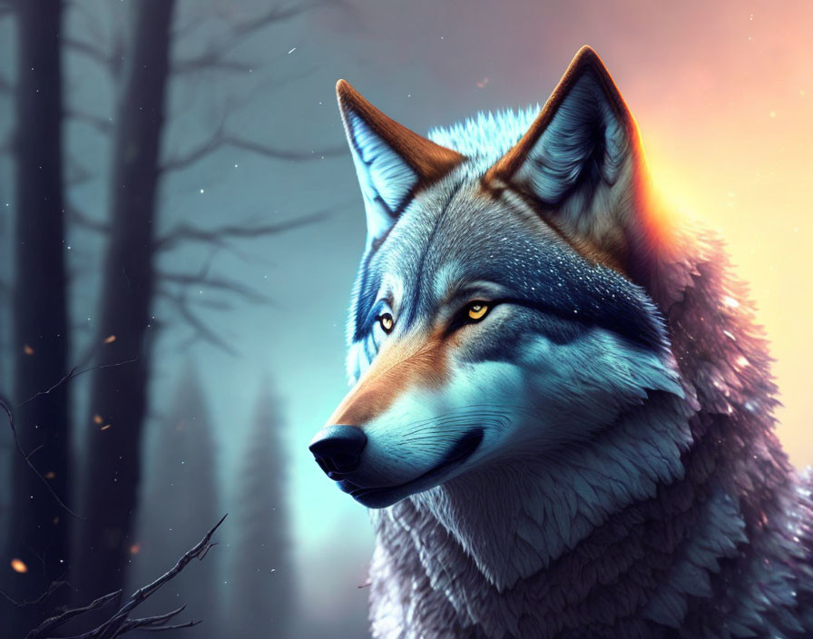 Realistic wolf digital art with detailed fur texture in forest setting