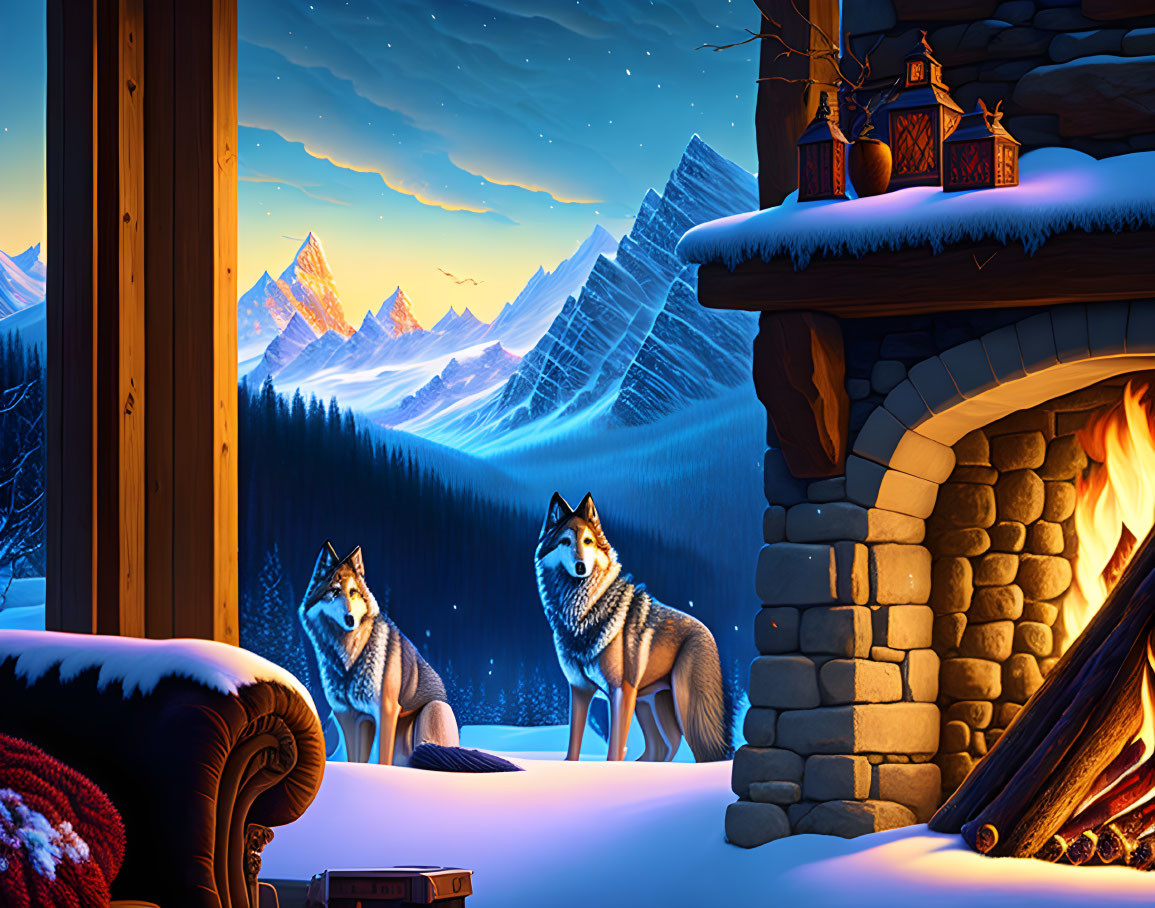 Cozy cabin interior with fireplace, wolves in snowy twilight landscape