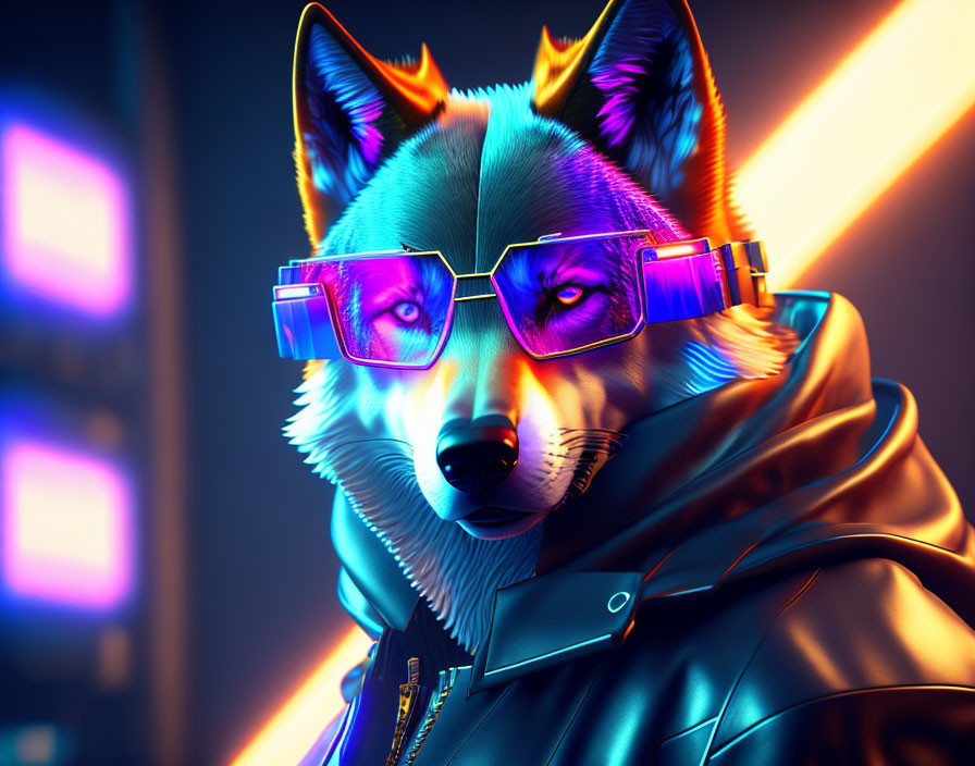 Anthropomorphic wolf with neon sunglasses on colorful backdrop