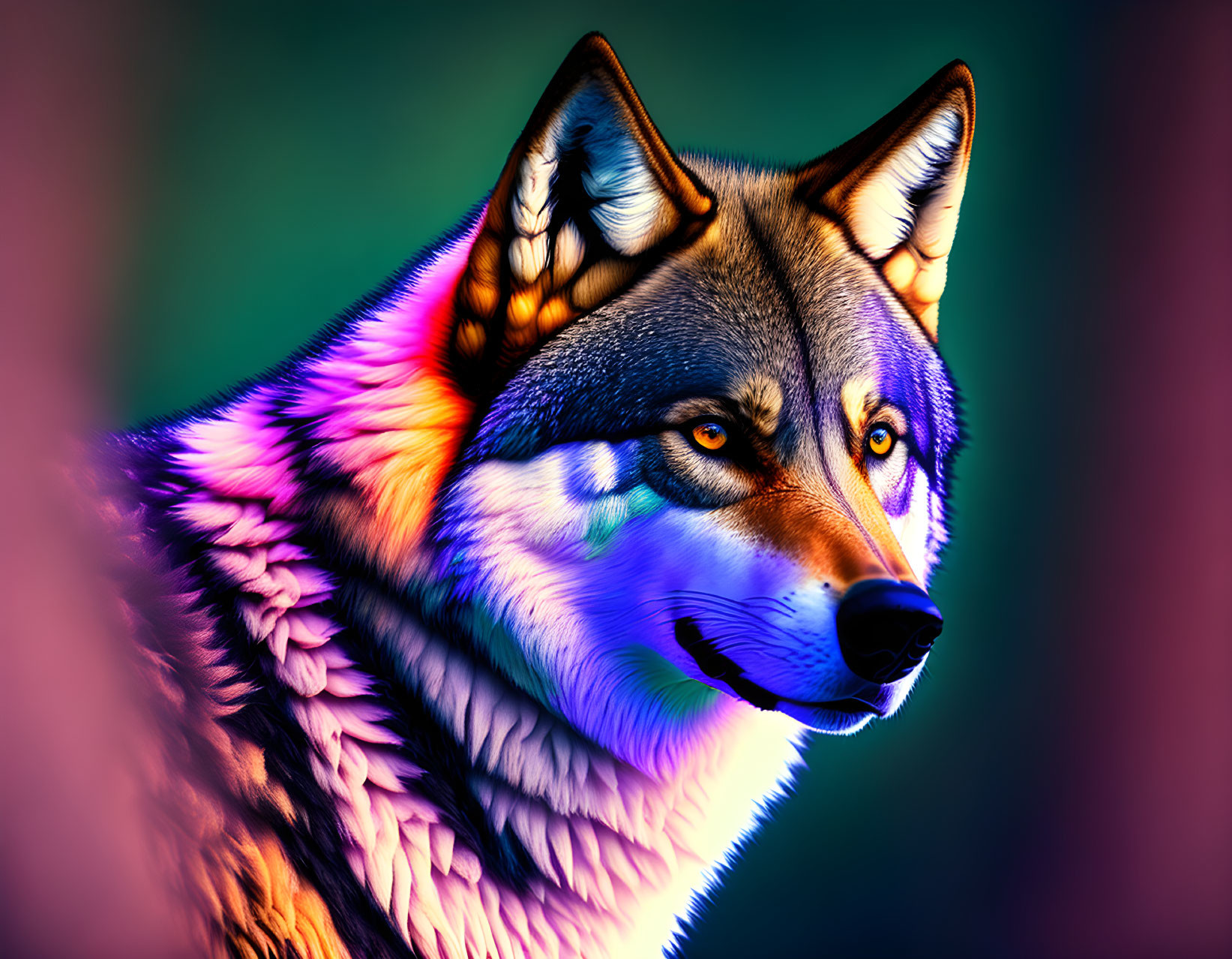 Colorful Wolf Digital Artwork with Sharp Eyes and Blurred Background