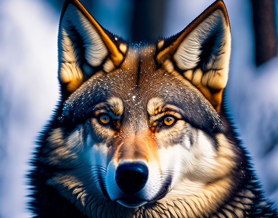 Detailed Close-Up of Snow-Covered Wolf Face in Blurred Wintry Setting