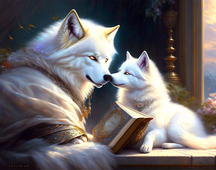 Majestic white wolves near open book in warm glow