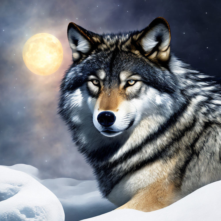 Majestic wolf with striking eyes in snowy moonlit scene