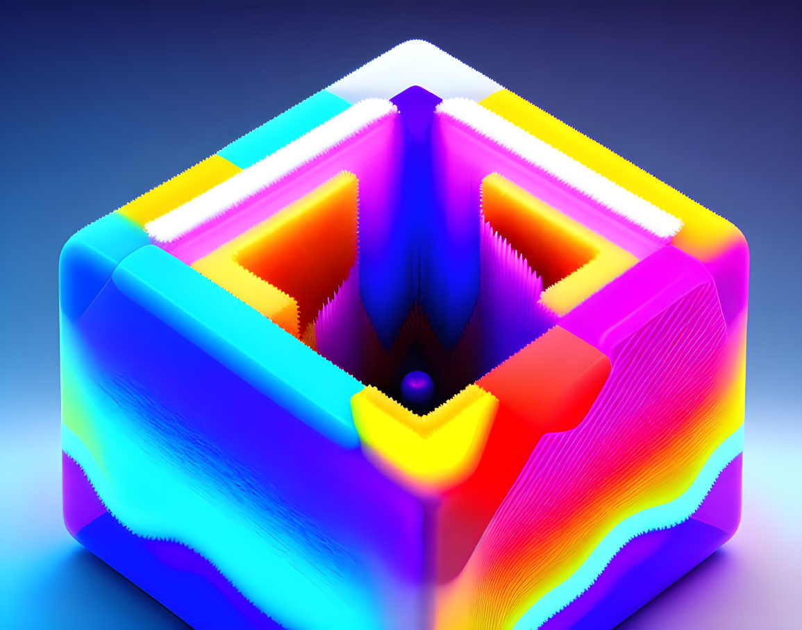 Symmetrical 3D cube with vibrant neon colors and recessed center