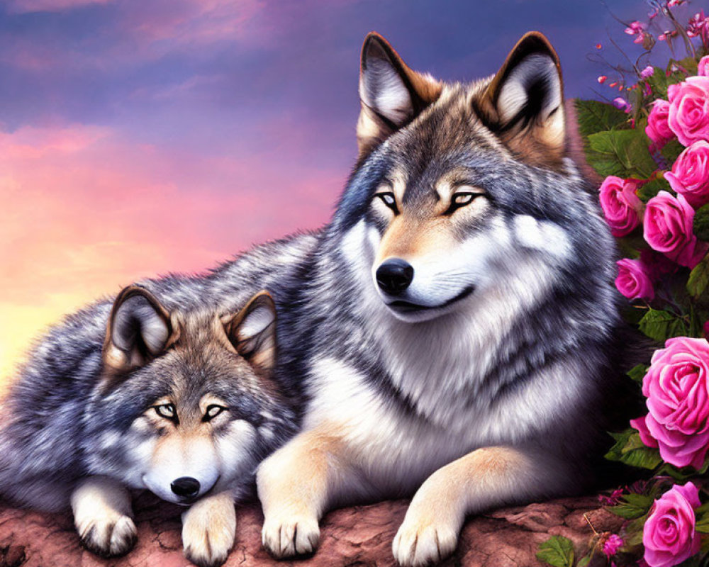 Illustrated wolves resting in pink sky with roses