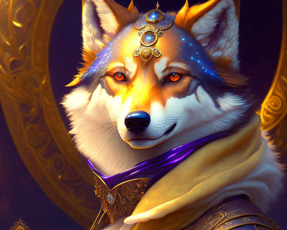 Regal wolf with human-like features in ornate jewelry and cape on golden background