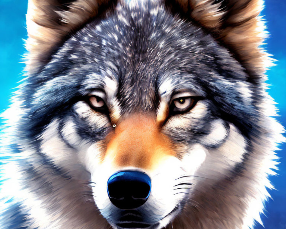 Detailed Wolf Face Digital Painting on Blue Background