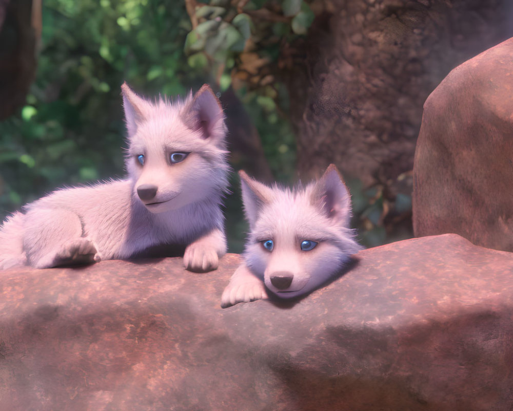 Two blue-eyed animated foxes with silver fur in forest setting