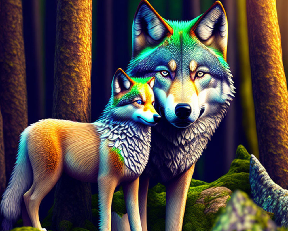Detailed illustration of adult wolf and cub in forest with rich colors