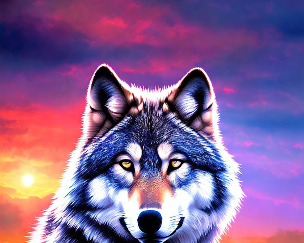 Digital art of wolf's face with vibrant purple and orange sunset sky