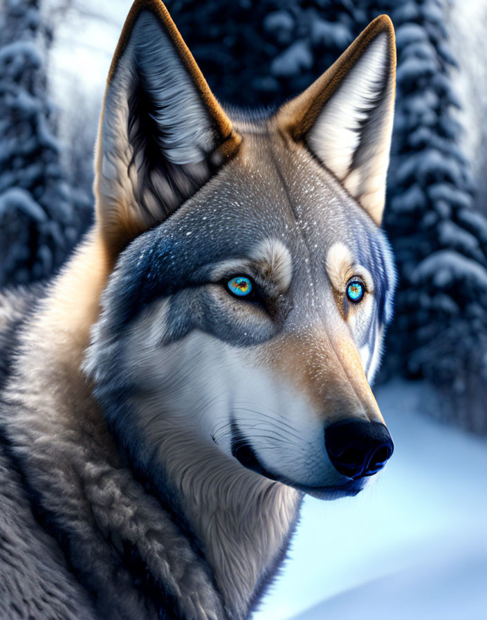 Detailed digital artwork of a wolf with piercing blue eyes in snowy forest