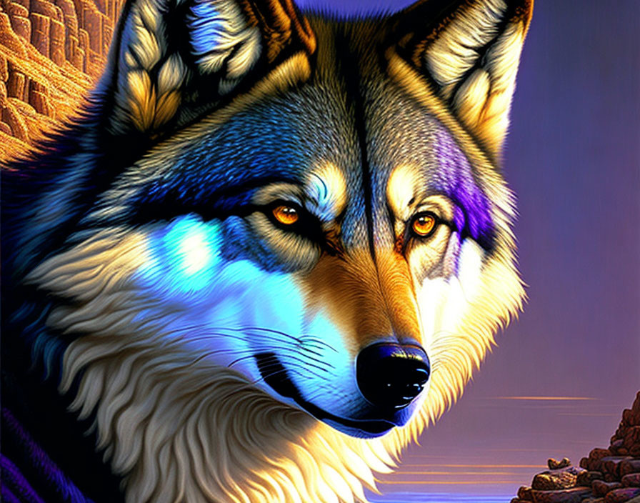 Vivid multi-colored wolf against rocky terrain & golden sky