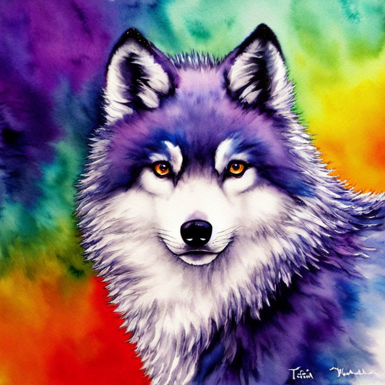 Colorful Watercolor Wolf Painting on Vibrant Background