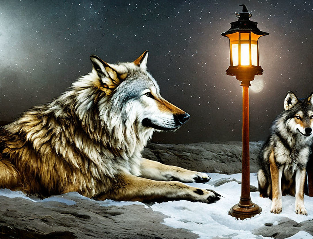 Two wolves under street lamp on snowy night with starry sky