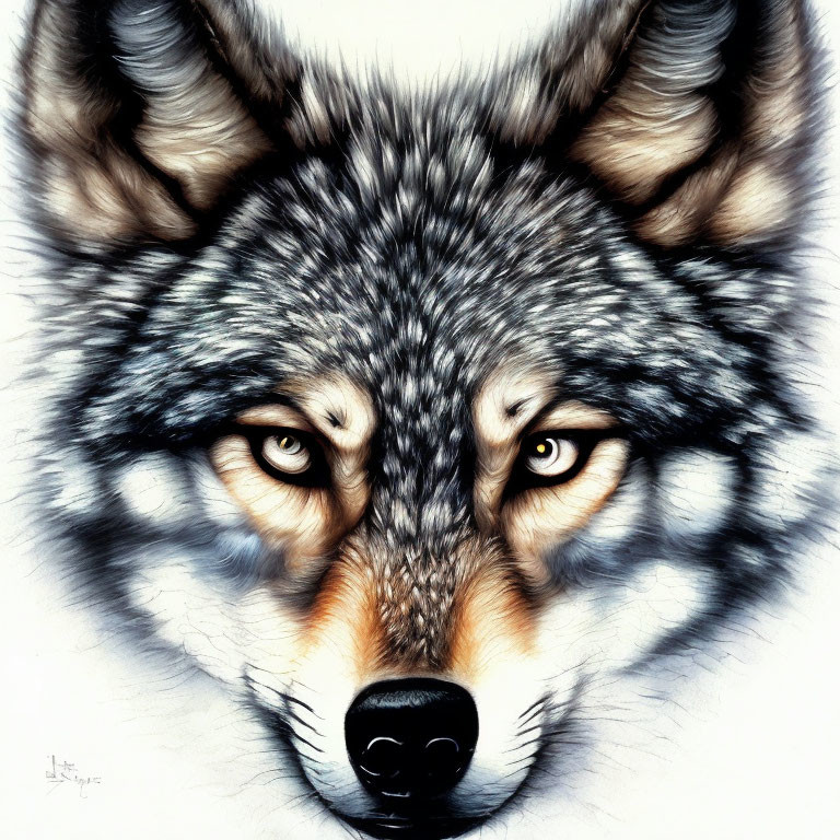 Detailed portrait of a wolf with intense eyes and textured fur in shades of gray, white, and black