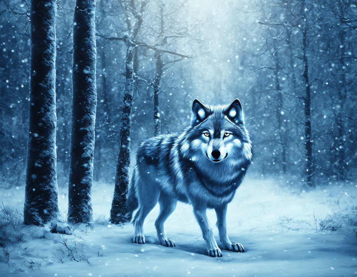 Majestic wolf in snow-covered forest with falling snowflakes