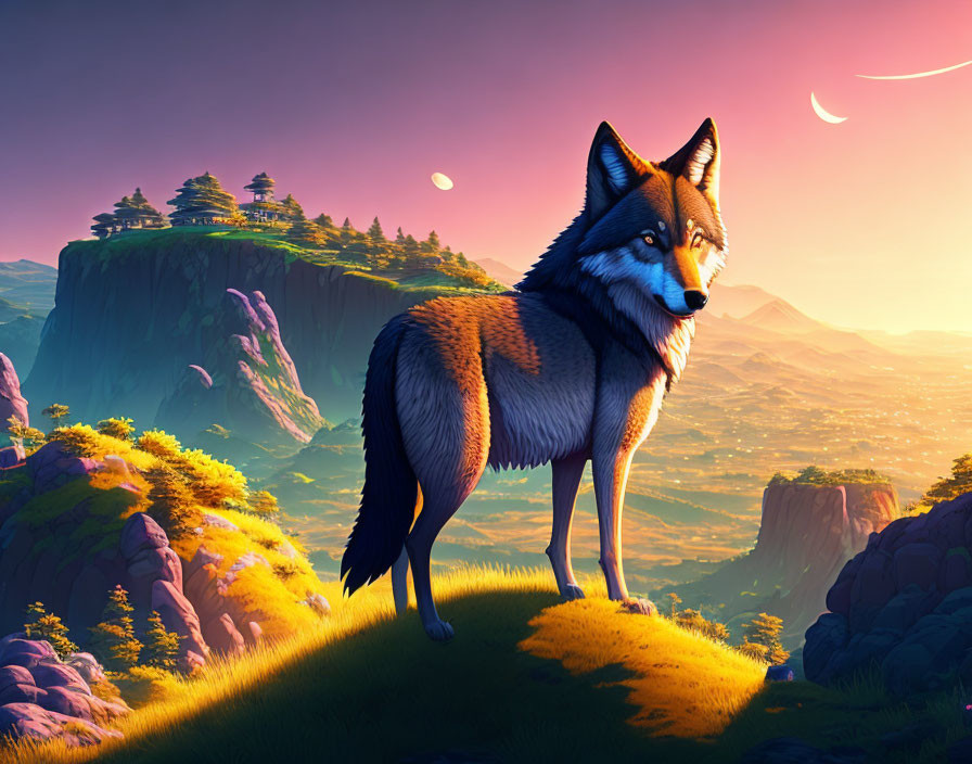 Fox on grassy cliff at sunset with purple sky and mystical valley landscape