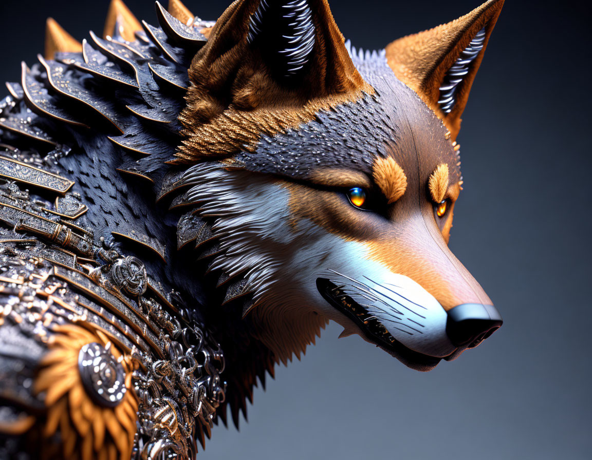 Detailed Digital Artwork of Armored Wolf with Intense Orange Eyes