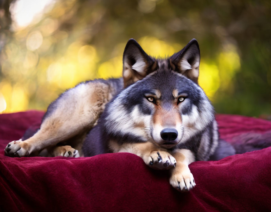 Majestic wolf-like dog on red fabric with blurred nature background