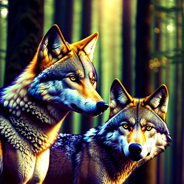 Colorful Wolves in Mystical Forest with Intense Gazes
