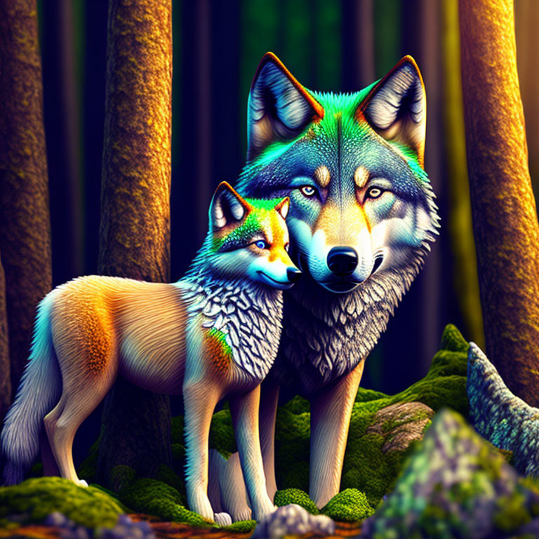 Detailed illustration of adult wolf and cub in forest with rich colors