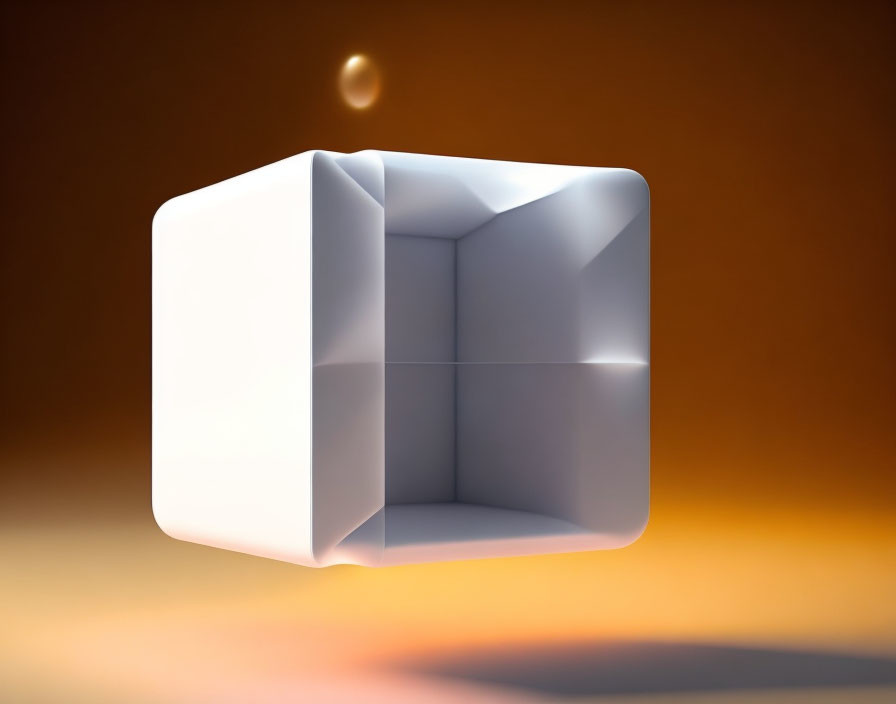 White hollow cube on orange gradient background with light source above