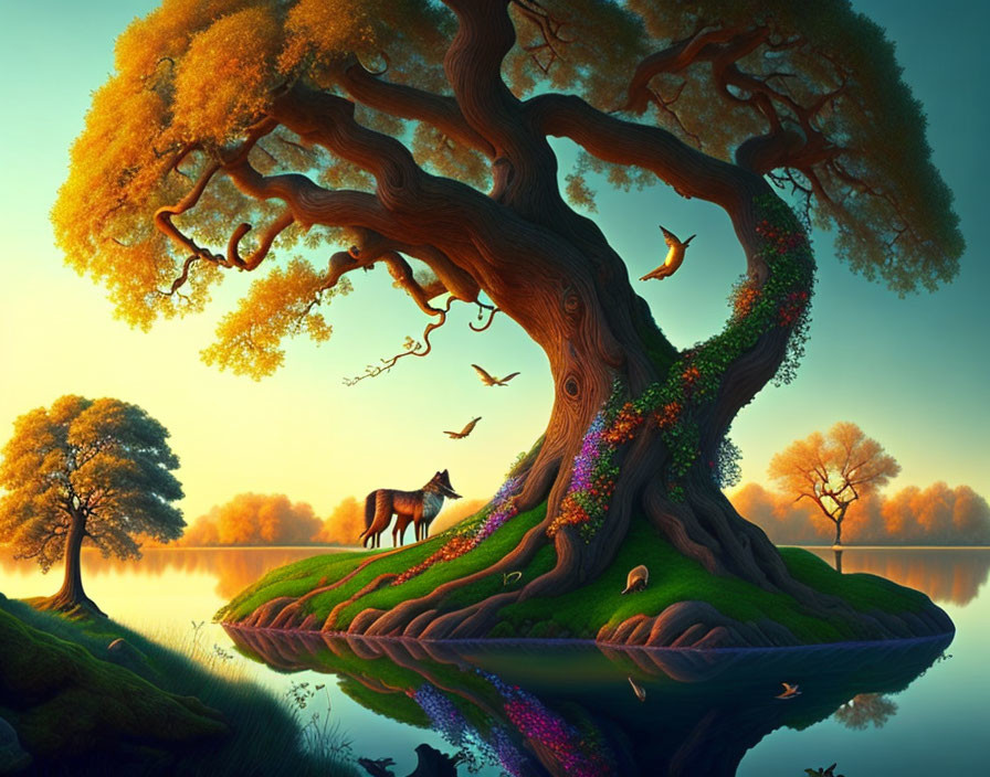 Majestic tree with lush canopy on island surrounded by water, horse, birds, vibrant colors.