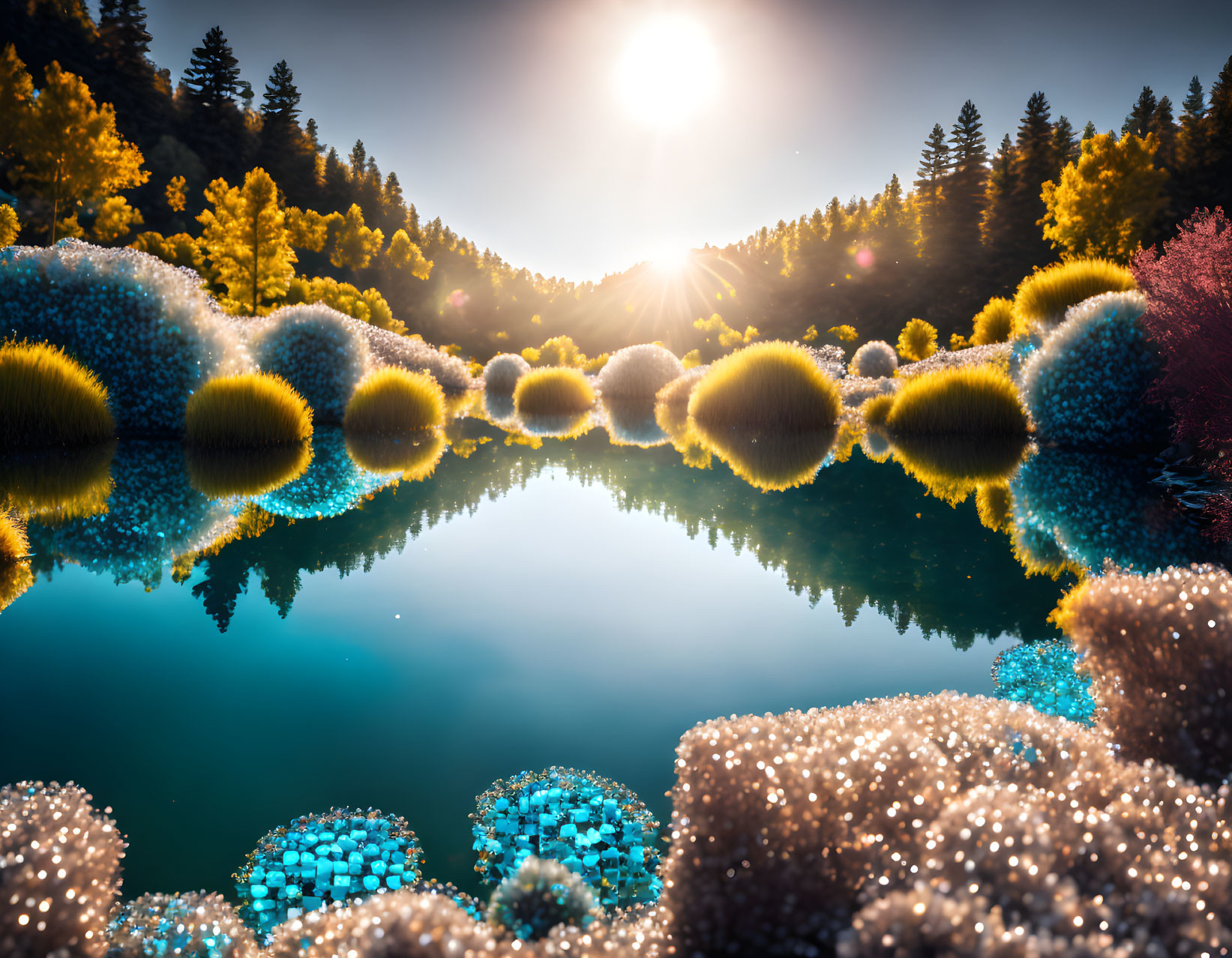 Tranquil Lake Sunrise with Colorful Fractal Structures