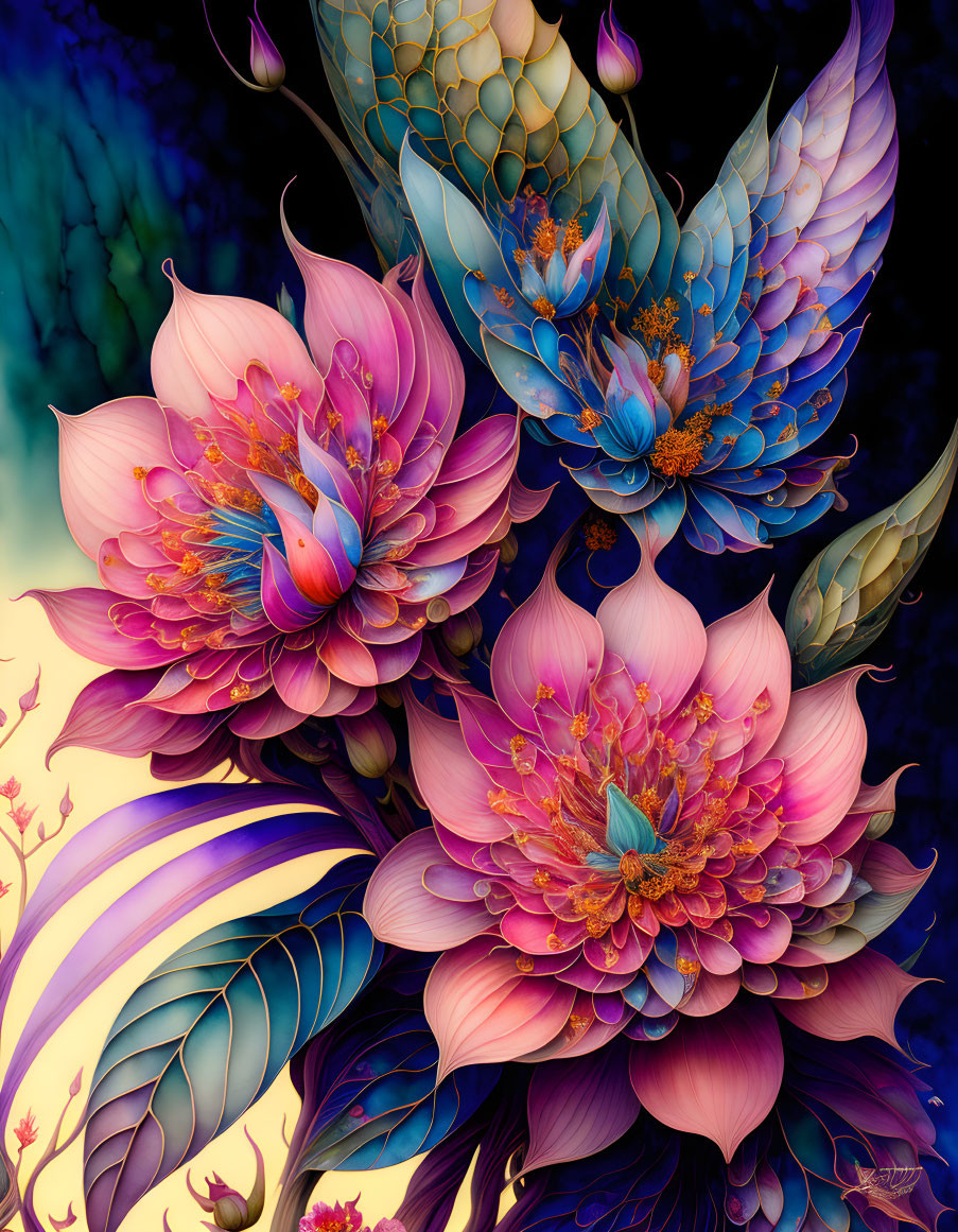 Colorful digital art: Pink and blue stylized flowers on dark background
