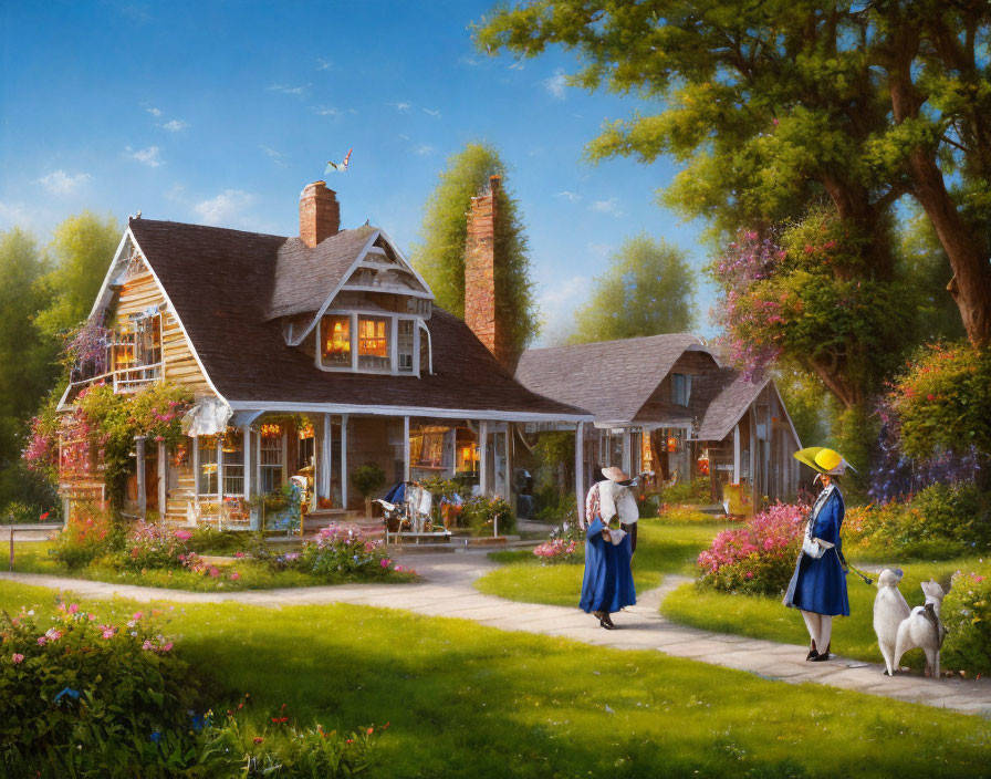 Vintage-dressed women approach cozy cottage with lush gardens and American flag