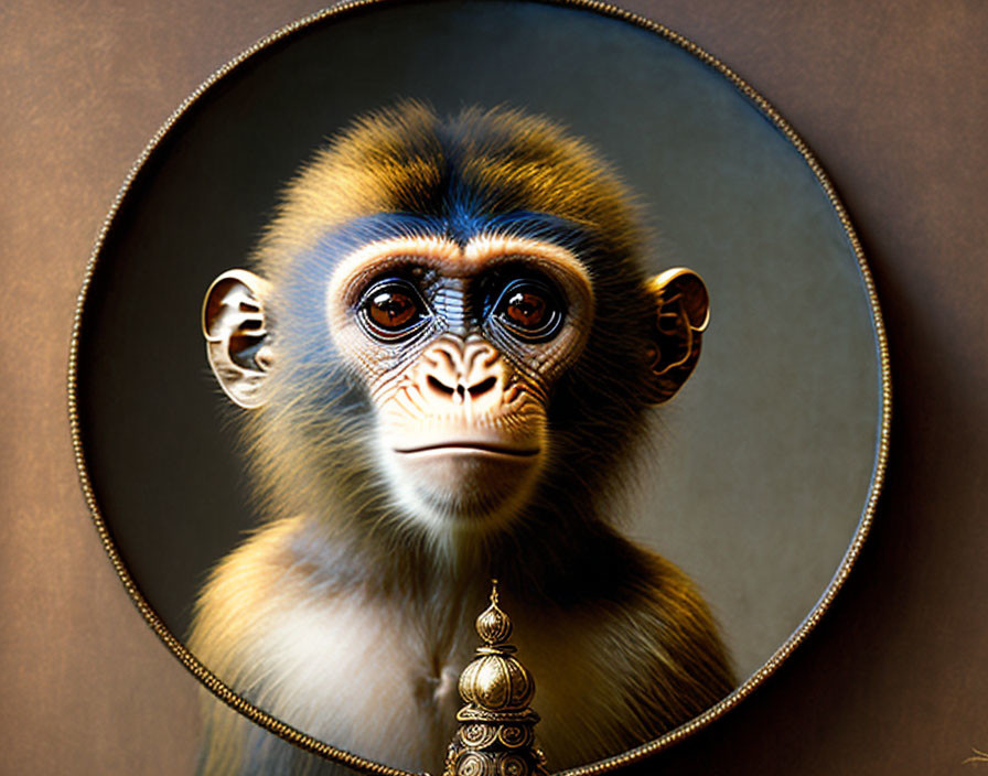 Young baboon portrait with soulful eyes in circular border on brown background