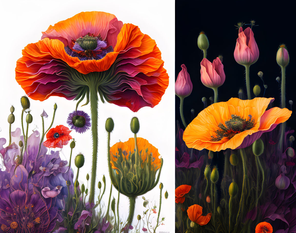 Detailed depiction of poppy flowers in different bloom stages on black backdrop