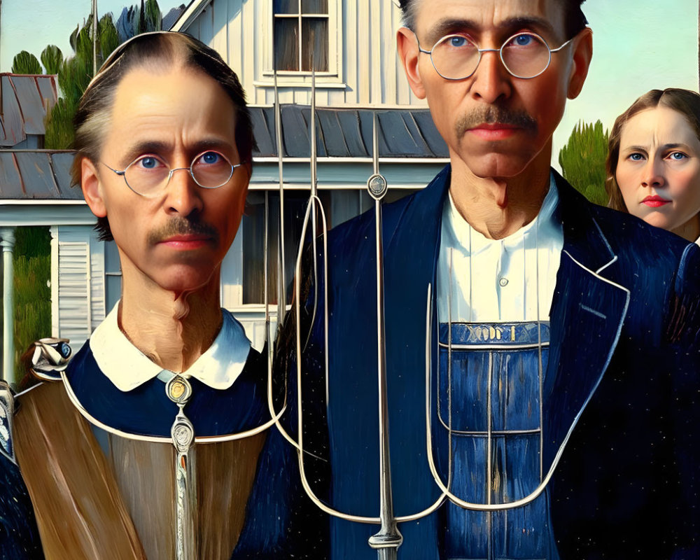 Stern Couple with Pitchfork and Farmhouse in American Gothic Style