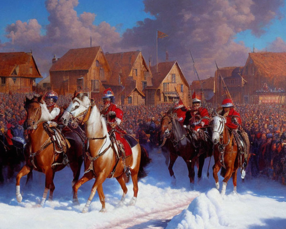 Four Armored Knights on Horseback in Snowy Village Scene