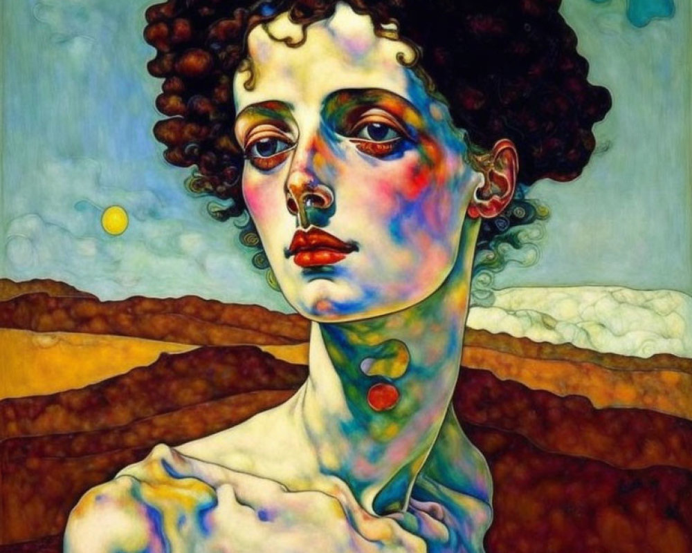 Curly-haired individual portrait against abstract landscape with yellow orb