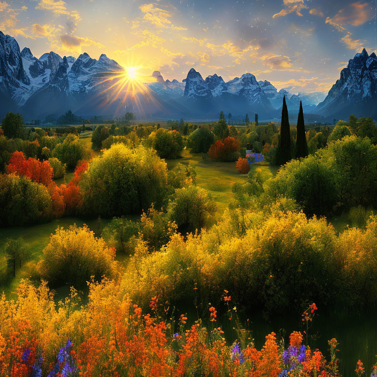 Vibrant sunset scene with lush landscape and mountains