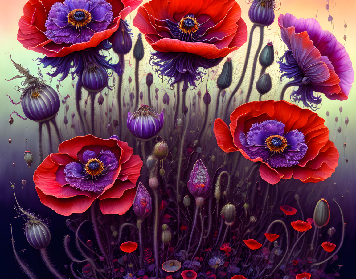 Detailed Illustration of Oversized Poppy Flowers in Red and Purple