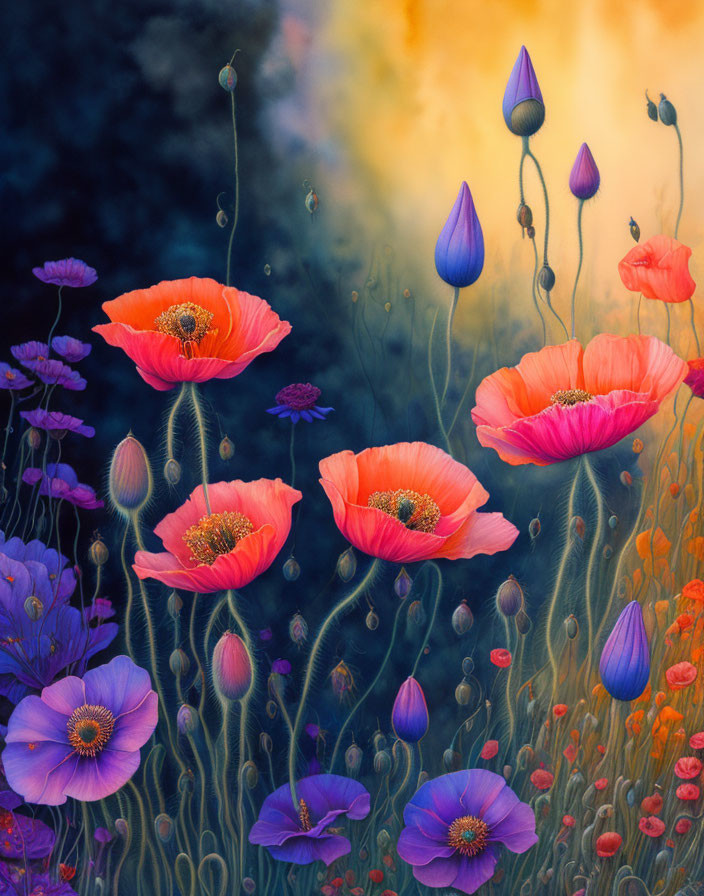 Vibrant red and purple flowers in dreamy garden scene.