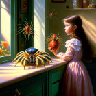 Young girl in vintage dress arranging flowers in sunlit kitchen full of fruits and reflective surfaces