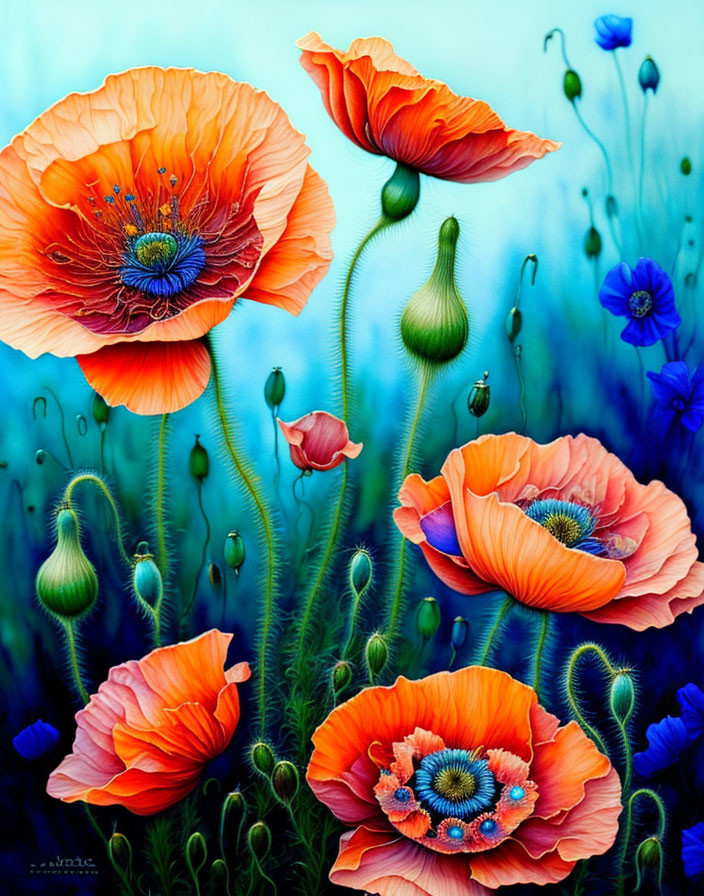 Colorful painting of red-orange poppies on blue background with buds and detailed petals.