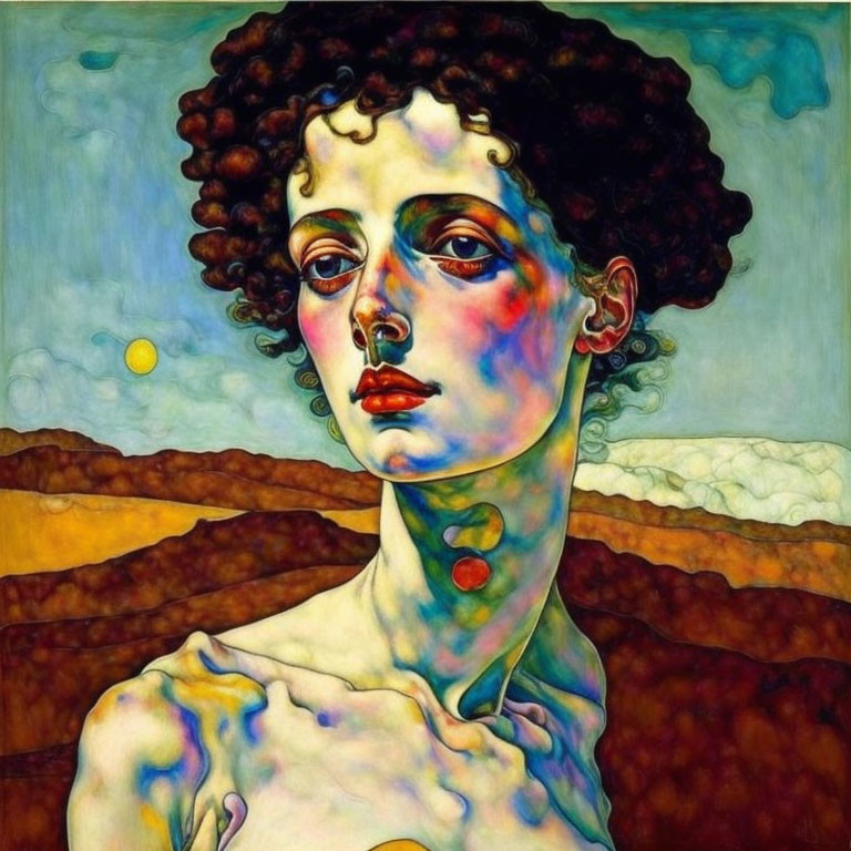 Curly-haired individual portrait against abstract landscape with yellow orb