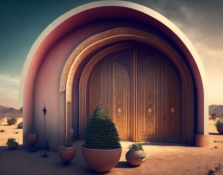 Intricate arched door in desert setting with potted plants under dusky sky