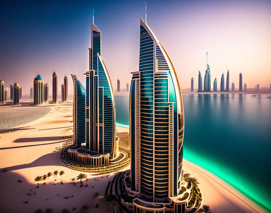 Modern skyscrapers by coastal city beach and desert dunes under purple sky