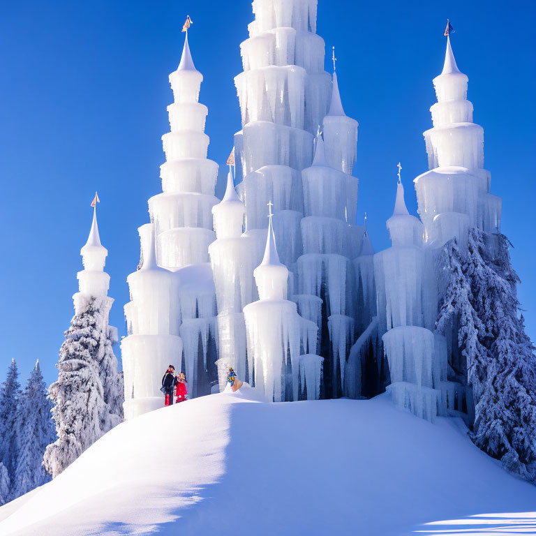 Majestic ice castle with spires under blue sky, snow-covered trees, and people in winter