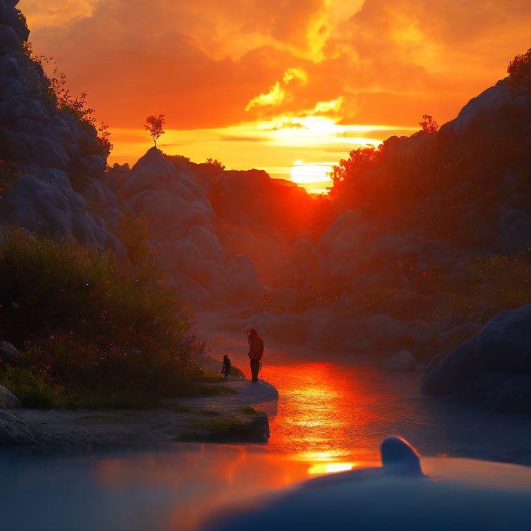 Tranquil sunset scene with orange skies, river reflection, silhouetted rocks, vegetation,
