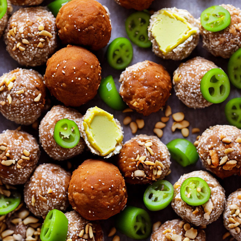 Sesame Falafel Balls with Jalapeños and Creamy Dip on Rustic Background