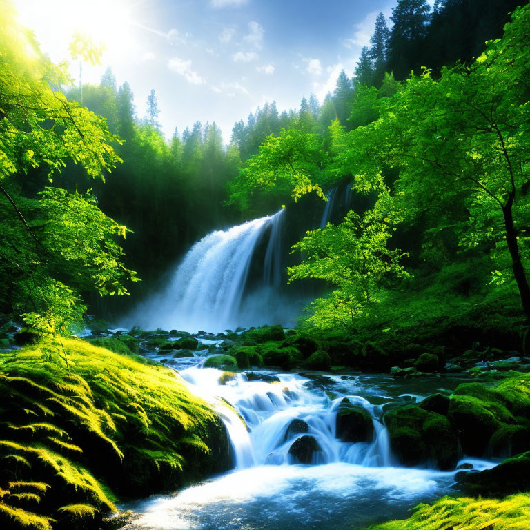 Tranquil waterfall in lush green setting