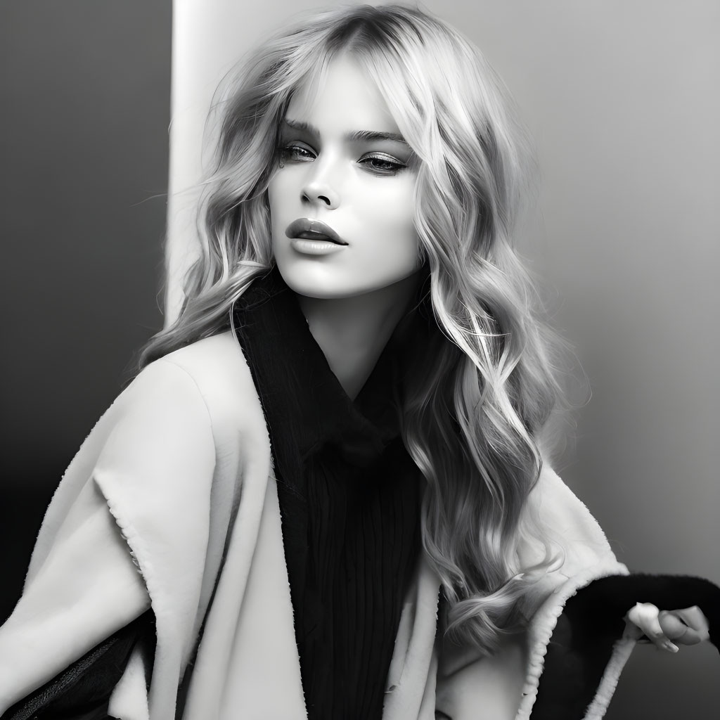 Monochrome portrait of woman with wavy hair in chic outfit